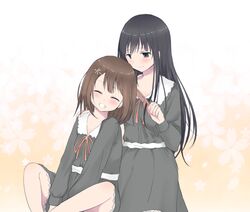  2girls black_hair blush brown_hair brushing_another&#039;s_hair brushing_hair closed_eyes comb commentary_request dress floral_background flower flowers_(innocent_grey) green_eyes hair_flower hair_ornament kousaka_mayuri long_hair long_sleeves looking_at_another multiple_girls orange_background sayuka school_uniform shirahane_suou short_hair sitting smile 