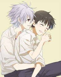  2boys bad_id bad_pixiv_id brown_hair closed_eyes commentary_request grey_hair hug hug_from_behind ikari_shinji karimero_(calimer0) laughing male_focus multiple_boys nagisa_kaworu neon_genesis_evangelion red_eyes smile 