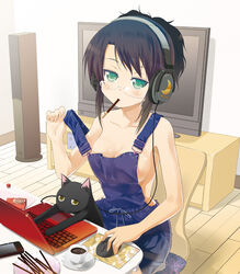  black_cat black_hair blush breasts cellphone chair cleavage coffee commentary_request computer computer_mouse feline female food glasses green_eyes headphones jitome kikuno_mira laptop medium_breasts mouth_hold naked_overalls original overalls phone pocky porurin shiori_series sideboob sidelocks sitting solo speaker strap_lift strap_pull television 