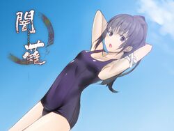  :o armpits arms_up bad_id bad_pixiv_id bandages black_hair character_request commentary_request female flat_chest long_hair nakamura_nagare one-piece_swimsuit open_mouth ponytail school_swimsuit simulation_rpg_construction solo swimsuit 