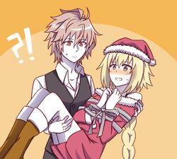  1boy brown_hair carrying christmas christmas_outfit couple fate/apocrypha fate_(series) female female fokwolf hat jeanne_d&#039;arc_(fate) male pale_skin princess_carry red_eyes santa_boots santa_costume santa_dress santa_hat short_hair sieg_(fate/apocrypha) 