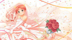  bare_shoulders bouquet bridal_veil commentary_request confetti dress earrings elbow_gloves female flower fractale gloves green_eyes highres jewelry necklace nessa_(fractale) nukunuku_(hinataboltuko) photoshop_(medium) red_flower red_hair red_rose ribbon rose short_hair solo veil wedding_dress 