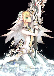  aestus_estus ahoge aqua_eyes belt blonde_hair bodysuit bondage boots breasts bridal_veil buckle center_opening chains cleavage commentary_request dress fate/extra fate/extra_ccc fate_(series) female flower green_eyes high_heels highres kneeling lock medium_breasts nero_claudius_(bride)_(fate) nero_claudius_(fate) ouka_mai padlock shoes solo sword unzipped veil weapon zipper 