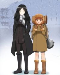  2girls alternate_costume backpack bag black_footwear black_hair blush boots brown_eyes brown_footwear brown_hair coat commentary_request constantia_cantacuzino eyebrows fur_trim hands_in_pockets highres inufusa_yuno kaneko_(novram58) long_hair looking_at_another multiple_girls open_mouth pale_skin pantyhose scarf short_hair smile snow snowing standing winter winter_clothes world_witches_series yellow_eyes 