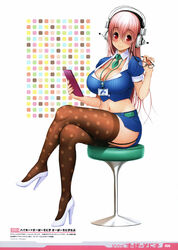  absurdres big_breasts blush breasts brown_legwear cleavage closed_mouth curves curvy ecchi female female full_body garter_straps glasses glasses_in_hand glasses_off glasses_removed head_phones headphones high_heels highres holding_object huge_breasts legs_crossed long_hair looking_at_camera looking_at_viewer midriff navel nitroplus pink_hair polka_dot polka_dot_legwear red_eyes shoes sitting skirt smile solo spotted spotted_legwear spotted_print stool striped striped_print striped_skirt super_sonico thighhighs translation_request tsuji_santa 