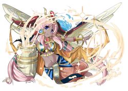  armlet bad_id bad_pixiv_id bangle barefoot bracelet breasts cleavage dark-skinned_female dark_skin egyptian female full_body hair_ornament hathor_(p&amp;d) horns jar jewelry kei_(keiclear) long_hair medium_breasts navel pink_hair purple_eyes puzzle_&amp;_dragons simple_background skirt solo sparkle very_long_hair white_background 