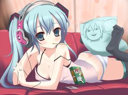  aqua_eyes aqua_hair breasts cleavage commentary_request couch digital_media_player female food hatsune_miku headphones kuronekogata long_hair lying medium_breasts mouth_hold off_shoulder on_stomach panties partial_commentary pillow shiteyan&#039;yo solo striped_clothes striped_panties thighhighs twintails underwear vocaloid 