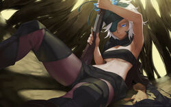  black_light blue_eyes boots eyepatch flamie_speeddraw gun rokka_no_yuusha shorts underboob watermark weapon white_hair 