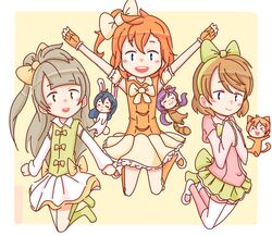  &gt;_&lt; 6+girls :3 animal_costume bad_id bad_tumblr_id blush bow brown_eyes brown_hair chibi closed_eyes commentary detached_sleeves friedbun full_body green_skirt hairband hairbow hands_on_own_chest hoshizora_rin koizumi_hanayo kosaka_honoka lily_white_(love_live!) long_hair long_sleeves looking_at_viewer love_live! love_live!_school_idol_project mary_janes md5_mismatch minami_kotori mini_person minigirl multiple_girls own_hands_together ponytail printemps_(love_live!) shoes short_hair simple_background skirt sonoda_umi thighhighs tojo_nozomi vest white_skirt yellow_background yellow_skirt zettai_ryouiki 