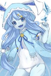  :d animal_hood blue_eyes blue_hair blue_skin colored_skin commentary_request covered_navel female hair_ornament highres hood ice kami_no_rhapsody long_hair looking_at_viewer open_mouth pricheno rabbit_hood smile solo standing subaru18 