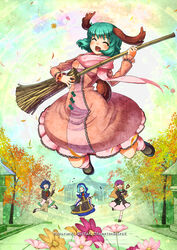  4girls adapted_costume animal_ears autumn black_dress blonde_hair blue_hair broom brown_dress closed_eyes commentary_request cosmos_(flower) dress flower gradient_hair green_hair hijiri_byakuren holding holding_broom holding_pitchfork holding_shovel hood juliet_sleeves jumping kasodani_kyouko kumoi_ichirin layered_dress long_sleeves multicolored_hair multiple_girls murasa_minamitsu myouren_temple oerba_yun_fang open_mouth pavement pink_flower pitchfork puffy_sleeves purple_hair scarf shirt shovel skirt smile stone_lantern tail touhou umigarasu_(kitsune1963) unconventional_guitar white_dress yellow_flower 