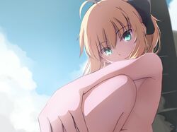  aqua_eyes blonde_hair cropped fate/stay_night magicians saber short_hair topless 