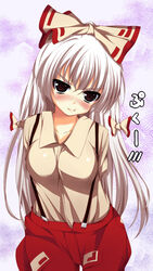  :t arms_behind_back bad_id bad_pixiv_id blush bow breasts collarbone dress_shirt embarrassed female fujiwara_no_mokou hairbow large_breasts long_hair nishimuku_meri pants pout red_eyes shirt solo suspenders touhou very_long_hair white_hair 