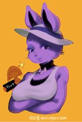  ambiguous_gender anthro breasts clothing crossed_arms duo english_text eyelashes female frisk_(undertale) fur hair hat headgear headwear human kohn-ningezoo lagomorph leporid mammal mouthless orange_background purple_body purple_fur rabbit rabbit_shopkeeper simple_background text undertale undertale_(series) 