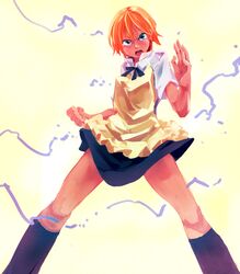  apron bad_id bad_pixiv_id black_socks blue_eyes clenched_hand commentary_request female fighting_stance highres inami_mahiru looking_at_viewer mayuge1017 open_mouth orange_hair short_hair socks solo standing waitress working!! 