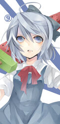  &acirc;&lsquo;&uml; &ccedil;&laquo;&shy;&iuml;&frac12;&uml; (21)suke (9) ? angry blue_eyes blue_hair bow cirno female food fruit hairbow highres long_image open_mouth short_hair solo sword tall_image touhou watermelon weapon wings 