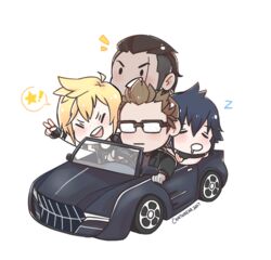  2017 4boys :d animated animated bare_shoulders black-framed_eyewear blonde_hair blue_hair blush brown_hair cantobear car closed_eyes commentary_request dark-skinned_male dark_skin drooling final_fantasy final_fantasy_xv fingerless_gloves freckles gladiolus_amicitia glasses gloves ignis_scientia looping_animation male_focus mohawk motor_vehicle multiple_boys noctis_lucis_caelum open_mouth prompto_argentum regalia_(final_fantasy) saliva scar sleeping smile spoken_star sports_car star_(symbol) v v-shaped_eyebrows vehicle_focus vest wheel 