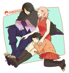  1boy 2girls black_hair cloak closed_eyes commentary_request emu_(losspass) family father_and_daughter glasses holding holding_removed_eyewear husband_and_wife lap_pillow mother_and_daughter multiple_girls naruto naruto_(series) pink_hair sakura_haruno sleeping smile socks thighhighs toeless_legwear uchiha_sarada uchiha_sasuke unworn_eyewear 