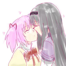  2girls akemi_homura black_hair capelet closed_eyes commentary_request couple hair_ribbon hairband heart imminent_kiss kaname_madoka long_hair mahou_shoujo_madoka_magica mahou_shoujo_madoka_magica_(anime) michigan mitakihara_school_uniform multiple_girls partial_commentary pink_hair puffy_sleeves ribbon school_uniform short_twintails twintails yuri 