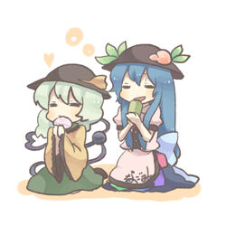  2girls apron bad_id bad_pixiv_id black_headwear blue_hair blush closed_eyes dress drinking eating eyeball food frilled_shirt frills fruit green_hair green_skirt hat hat_ornament heart heart_of_string hinanawi_tenshi komeiji_koishi konbu_ame long_hair long_sleeves multiple_girls orange_shirt peach seiza shirt short_sleeves sidelocks simple_background sitting skirt smile sun_hat tea third_eye touhou very_long_hair white_background wide_sleeves 