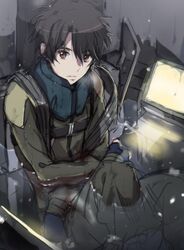  1boy aldnoah.zero bad_id bad_twitter_id brown_eyes brown_hair cockpit kaizuka_inaho male_focus meer_rowe military military_uniform solo uniform water 