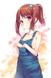  blush breasts brown_hair collarbone commentary_request female galilei_donna hair_ornament hands_in_pockets hozuki_ferrari naked_overalls natsuki_shuri no_bra overalls pink_eyes ponytail scrunchie short_hair small_breasts solo 