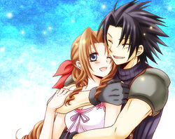  1boy aerith_gainsborough black_hair blue_eyes bow braid brown_hair closed_eyes commentary_request couple crisis_core_final_fantasy_vii female final_fantasy final_fantasy_vii gloves hair_ribbon hanyuu_shion hug hug_from_behind long_hair one_eye_closed pink_bow ponytail ribbon single_braid straight turtleneck zack_fair 