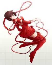  alien bob_cut boots brown_eyes brown_hair chimachi commentary_request dress female gauna gauna_491 grid high_heel_boots high_heels looking_at_viewer open_mouth placenta_(sidonia_no_kishi) red_dress red_thighhighs short_dress short_hair sidonia_no_kishi solo thigh_boots thighhighs 