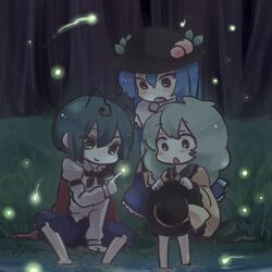  3girls :o antennae bad_id bad_pixiv_id blue_hair chibi fireflies food forest fruit green_eyes green_hair hat hinanawi_tenshi komeiji_koishi konbu_ame multiple_girls nature open_mouth peach red_eyes river short_hair smile touhou unworn_hat unworn_headwear wriggle_nightbug 