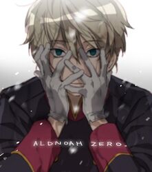  1boy aldnoah.zero bad_id bad_twitter_id blonde_hair gloves green_eyes hands_on_own_face male_focus meer_rowe military military_uniform slaine_troyard solo uniform white_gloves 