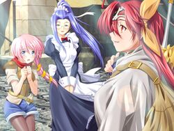  3girls blue_hair game_cg ikazuchi_no_senshi_raidy ikazuchi_no_senshi_raidy_3 ikazuchi_no_senshi_raidy_iii long_hair maid multiple_girls pink_hair raidy red_hair zyx 