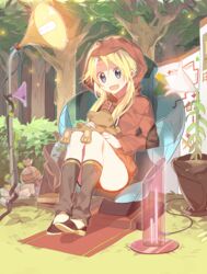  absurdres bad_id bad_pixiv_id bag blonde_hair blue_eyes female fish flower forest highres hood long_hair nature open_mouth original sennen_suisei sitting solo star_(symbol) stuffed_animal stuffed_toy 