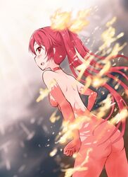  akihisa201 ass bad_id bad_pixiv_id blush breasts choker cthugha_(nyaruko-san) dutch_angle female fiery_hair fire from_behind haiyore!_nyaruko-san long_hair medium_breasts nude open_mouth profile red_eyes red_hair sideways_mouth solo standing twintails 