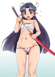  aqua_background black_hair blunt_bangs blush breasts commentary_request disgaea drawing_sword embarrassed female flying_sweatdrops fundoshi gradient_background hair_ornament highres holding holding_sword holding_weapon japanese_clothes katana long_hair looking_at_viewer makai_senki_disgaea navel open_mouth orizen paint.net_(medium) pointy_ears ponytail ronin_(disgaea) sarashi sheath small_breasts solo standing sweatdrop sword underwear unsheathing weapon wide_ponytail 