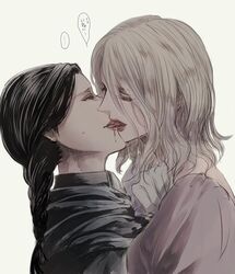  2girls adella_the_nun arianna_(bloodborne) black_hair blonde_hair blood blood_from_mouth blood_on_face bloodborne braid commentary_request highres itsuki_(itsukiovo) kissing long_hair multiple_girls single_braid sweat translated yuri 