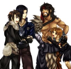  4boys anger_vein bandana beard blonde_hair blue_eyes brown_eyes brown_hair commentary_request dissidia_012_final_fantasy dissidia_final_fantasy facial_hair father_and_son final_fantasy final_fantasy_viii final_fantasy_x fingerless_gloves gloves in-franchise_crossover jecht laguna_loire long_hair male_focus multiple_boys no_tattoo seasaltice13 simple_background spoilers squall_leonhart tidus topless_male trait_connection white_background 