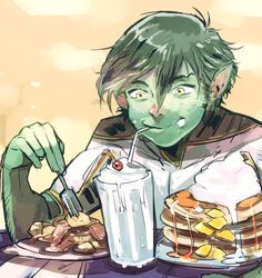  1boy beast_boy_(dc) butter cherry dc_comics eating food fork fruit garfield_logan glass green_hair green_skin milkshake pancake pointy_ears smile solo straw teen_titans whipped_cream yellow_eyes 