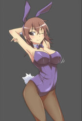  animal_ears arched_back armpits breasts brown_eyes brown_hair cleavage commentary_request covered_navel female highres large_breasts mature_female misaka_misuzu one_eye_closed pantyhose pinky_out playboy_bunny rabbit_ears rabbit_tail short_hair simple_background solo tail toaru_majutsu_no_index touryou wrist_cuffs 