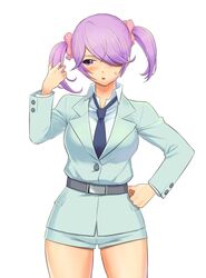  belt blush female female hair_over_one_eye hand_on_hip ootori_miou purple_hair sabagebu! shiwashiwa_no_kinchakubukuru shorts simple_background solo twintails white_background 