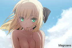  aqua_eyes blonde_hair bow breasts cleavage close fate/stay_night magicians saber short_hair sky topless 