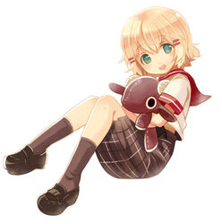  blonde_hair blue_eyes chaba_(hortensia) commentary_request ensemble_girls! female full_body hug kimisaki_school_uniform kinoshita_yuyu open_mouth school_uniform short_hair sitting skirt socks solo stuffed_animal stuffed_goat stuffed_toy 