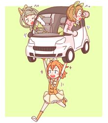  3girls ;o armlet car carrying carrying_overhead flower friedbun frilled_skirt frills glass grey_background koizumi_hanayo kosaka_honoka leaning_out_of_window looking_back love_live! love_live!_school_idol_project minami_kotori motion_lines motor_vehicle multiple_girls one_eye_closed printemps_(love_live!) right-hand_drive running simple_background skirt smart_(company) smart_fortwo sparkle vest wavy_mouth wince yellow_skirt 