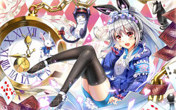  alice_in_wonderland animal animal_ears feline gray_hair long_hair nana_(k.r.t.girls) ponytail qian_wu_atai red_eyes thighhighs 