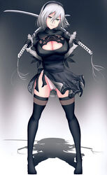  breasts covered_eyes dress female female nier_(series) nier_automata panties short_hair smile stading sword weapon yorha_unit_no._2_type_b 