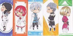  2girls 3boys akagami_no_shirayukihime black_hair blonde_hair chibi crossed_arms kiki_(akagami_no_shirayukihime) kiki_(ans) knight labcoat mitsuhide mitsuhide_(akagami_no_shirayukihime) multiple_boys multiple_girls obi_(akagami_no_shirayukihime) obi_(ans) pharmacist prince red_hair sheathed_sword shirayuki_(akagami_no_shirayukihime) shirayuki_(ans) uniform zen_wistalia 