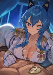  1boy blue_eyes blue_hair breasts cleavage collarbone commander_(nikke) compass curtains female goddess_of_victory:_nikke helm_(nikke) highres hirosenpai large_breasts long_sleeves military_uniform pov smile 