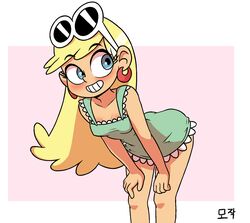  10s 1girls 2019 anonymouse blonde_hair blue_eyes blushing bowing_down cleavage earrings eyebrows_visible_through_hair fully_clothed hand_on_legs leni_loud long_hair looking_at_another nickelodeon pinup pinup_pose shading signature smiling solo solo_female solo_focus sunglasses sunglasses_on_head teeth the_loud_house thighs 