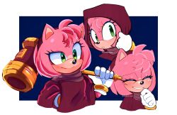  5_fingers absurd_res amy_rose anthro closed_eyes clothing eulipotyphlan female fingers gloves green_eyes hair hammer handwear hedgehog hi_res mammal mimiipyon piko_piko_hammer pink_hair sega simple_background smile solo sonic_the_hedgehog_(series) tools 