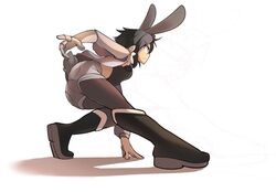  1girls angry angry_face ass black_hair boots breasts bunny_ears bunny_girl bunny_tail emi_(fizintine) female female_only fizintine knee_boots martial_arts midriff midriff_baring_shirt robotic_arm short_shorts shorts soft solo solo_female tagme thighs tights white_background wholesome 