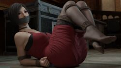  1girls 3d 3d_(artwork) ada_wong ada_wong_(adriana) asian_female black_choker black_lace_stockings capcom feet feet_up female female_only foot_focus fully_clothed ironlawbringer mouth_gag red_dress resident_evil resident_evil_2 rope_bondage rpd_main_hall solo spy tied_arms_behind_back tied_hands tied_legs tied_up 